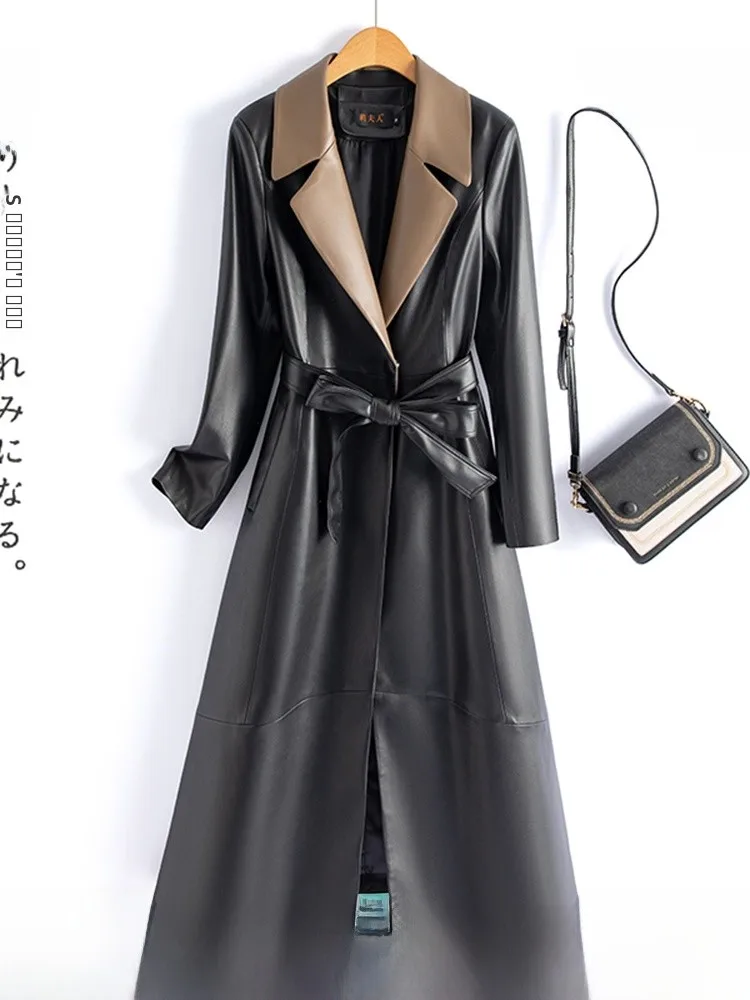 

Новая женская длинная кожаная куртка из овчины на осень-зиму, приталенная, ниже колена, в корейском стиле, модная ветровка-пальто