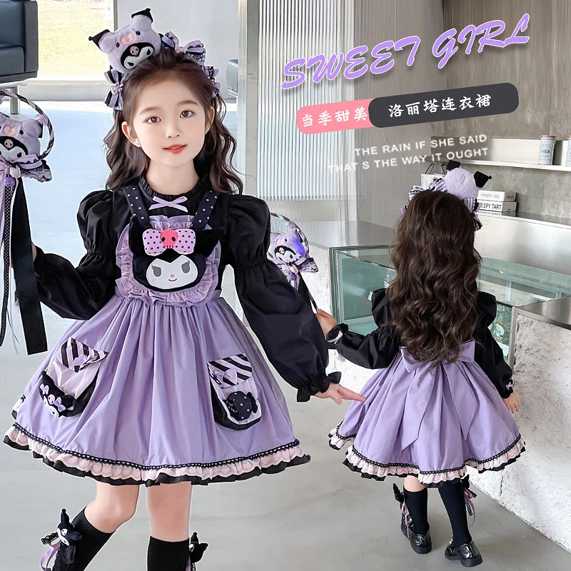 

Kawaii Kuromi Girl Cartoon Lolita Dress Spring Anime Sanrio Girl's Heart Cute Children's Puff Sleeve Princess Skirt Girls Gift