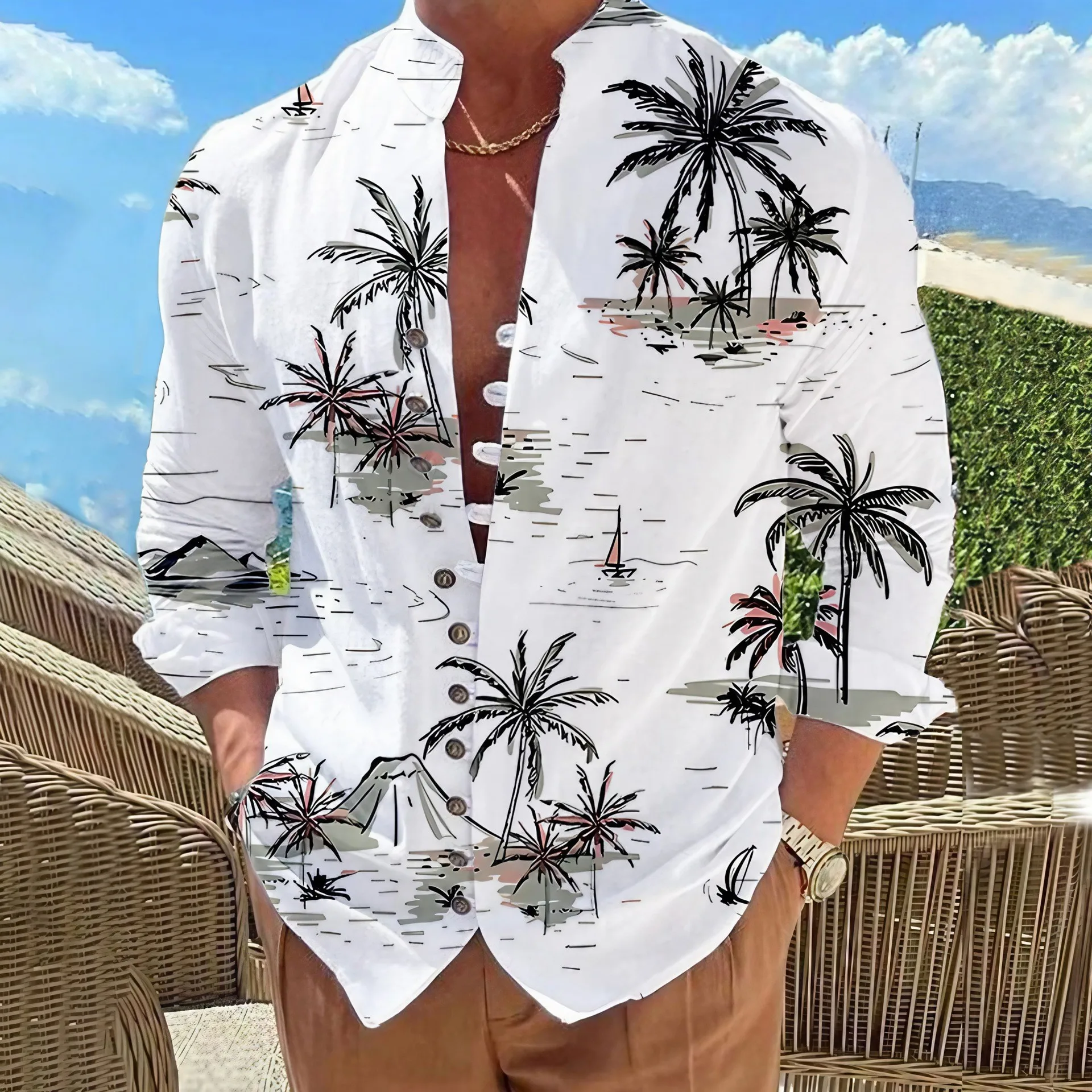 Summer Casual Men Linen Shirts New Print Button Shirt Fashion Stand Up Collar Loose Men's Shirts Streetwear Casual Beach