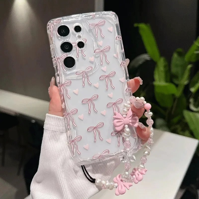 Pink Bowknot Chain Phone Case For Samsung Galaxy S25 FE S24 S23 S22 Ultra Plus FE A56 A55 A16 A06 A1