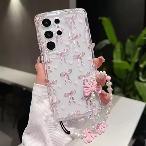 Pink Bowknot Chain Phone Case For Samsung Galaxy S25 FE S24 S23 S22 Ultra Plus FE A56 A55 A16 A06 A17 A53 5G cover Clear Soft