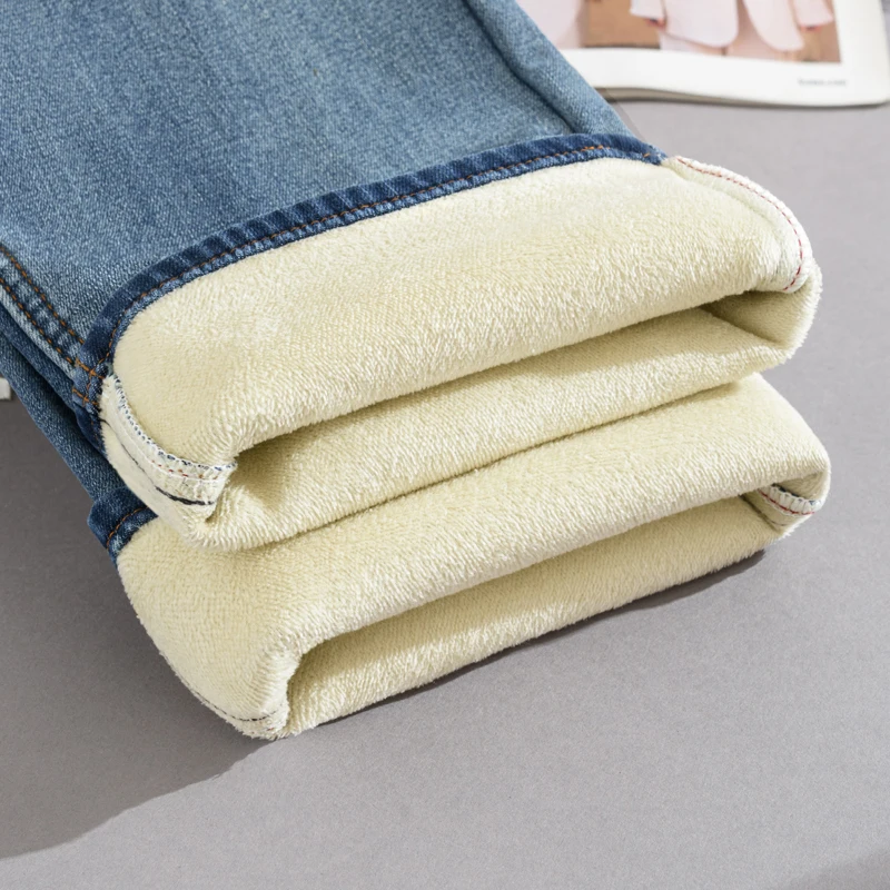 Y2k Pants Jeans for Woman Winter Fleece Lined 2025 New Thick Warmth Slim Wide Leg Straight Trousers Fashion Casual