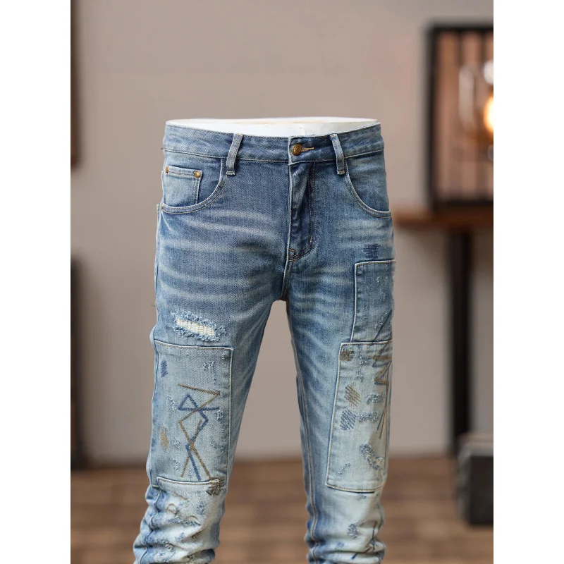 2025 Vintage Blue Jeans for Men, Trendy Brand, Embroidered, Distressed, Patchwork Design, Retro Style, Slim Fit, Skinny Pants