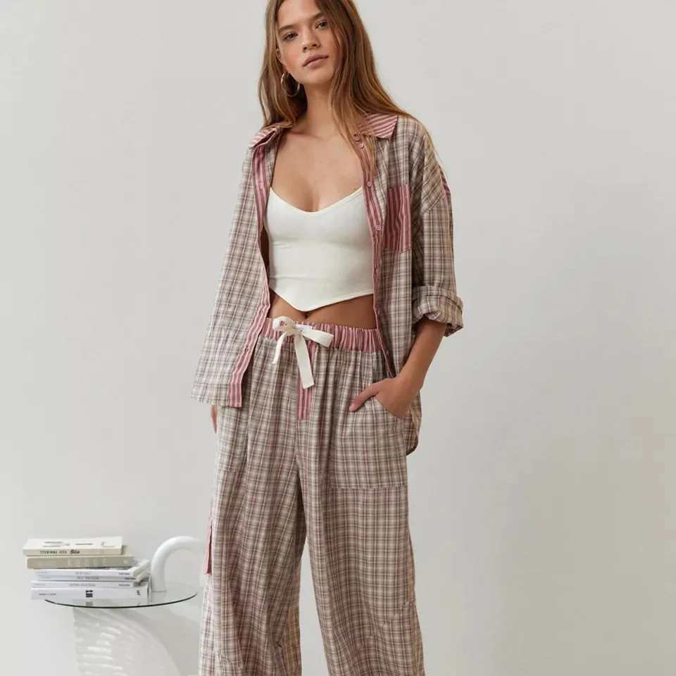 Stripe Plaid Patchwork Blouse Women And Loose Pant Sets Casual Pajamas 2pcs Long Sleeve Lapel Shirts Home Sleepwear Women Outfit