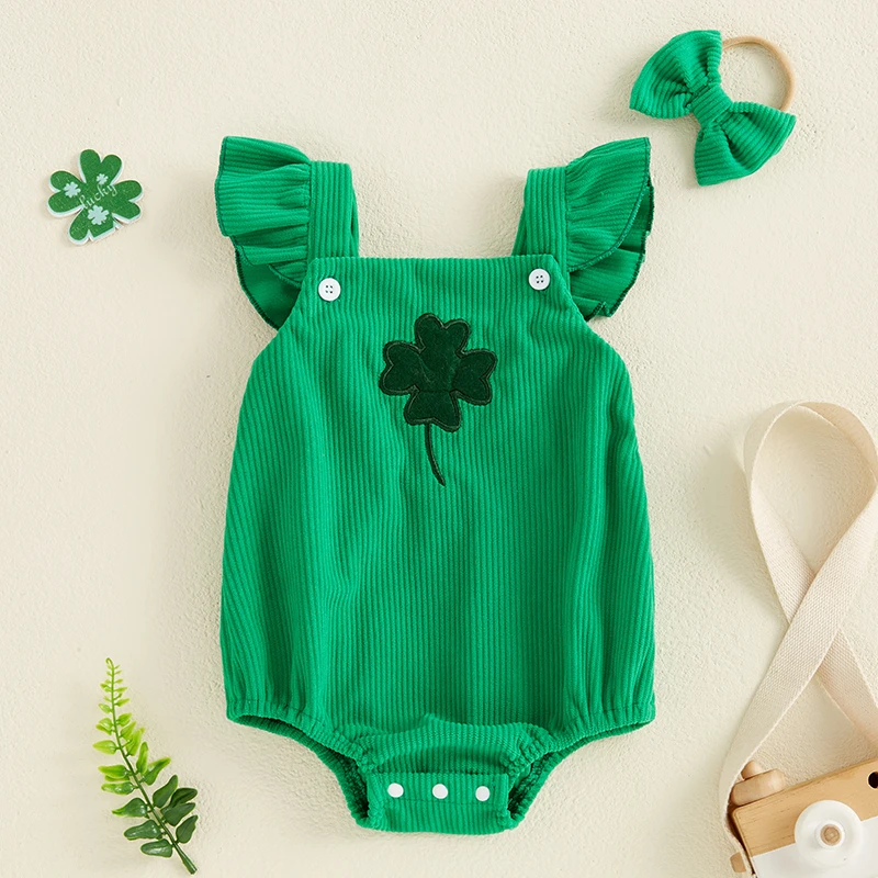 Baby Girl Irish Day Outfit Casual Shamrock Embroidery Flying Sleeve Corduroy Romper and Headband Set