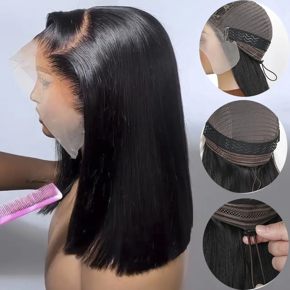 Middle T  Part Short Bob Lace Front Human Hair Wig With Elastic Drawstring Side Part 13x5x2 Lace Wig Straight Bob Brazilian Wigs