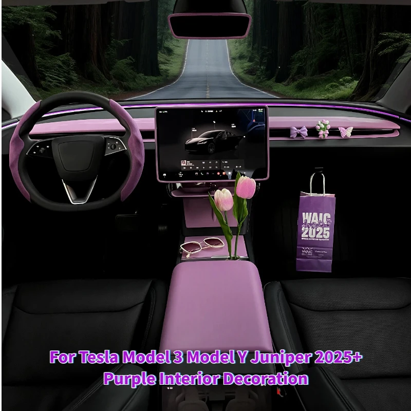 

For Tesla Model Y Juniper Model 3 Center Console Panel Purple Trim Side Camera Cover Women Car Steering Wheel Interior Decor