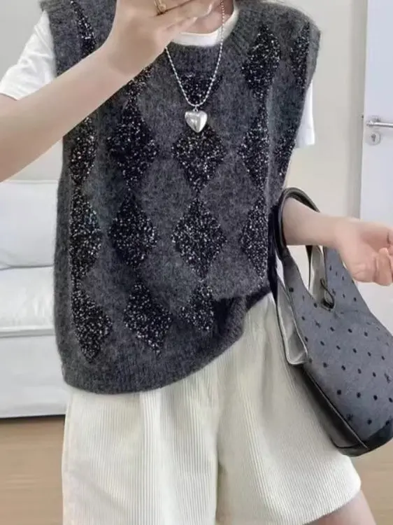 Dames gebreid kanten paneelvest rond Ne Svel Paillettenborduurwerk Warmte Bovenkleding Faion Commute Sle Thiened Loos...