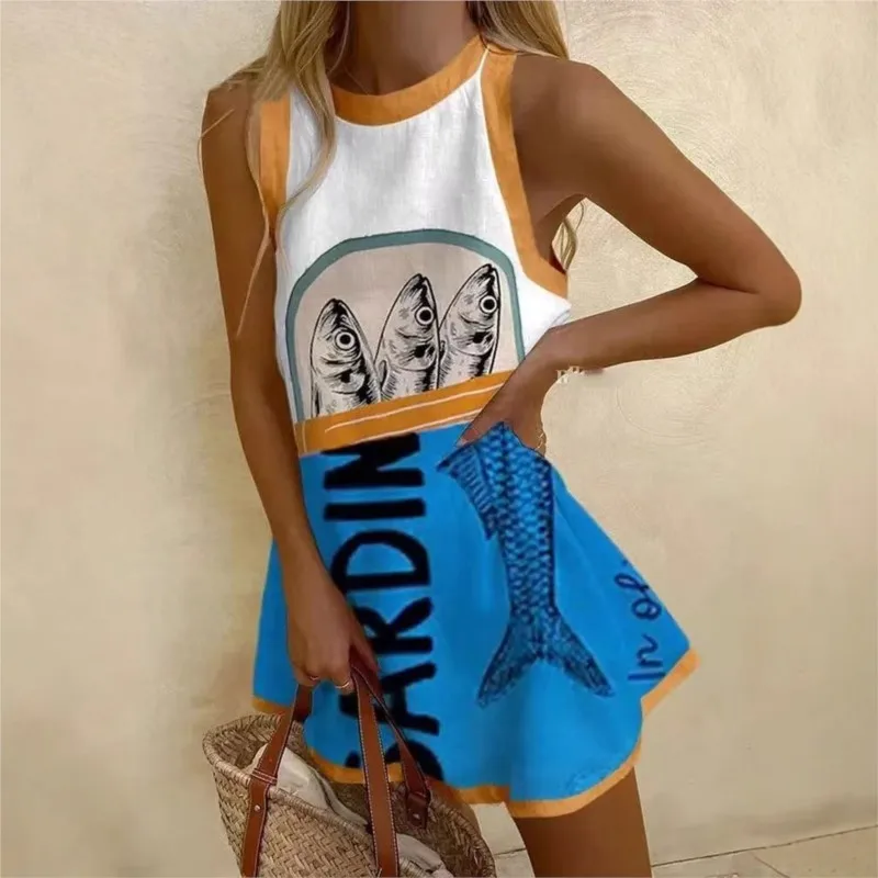 2025 New Casual Fish-printed Mini Dresses Round Neck Sleeveless Loose A-line Dress Sea Beach Vacation Sundress Women's Clothing