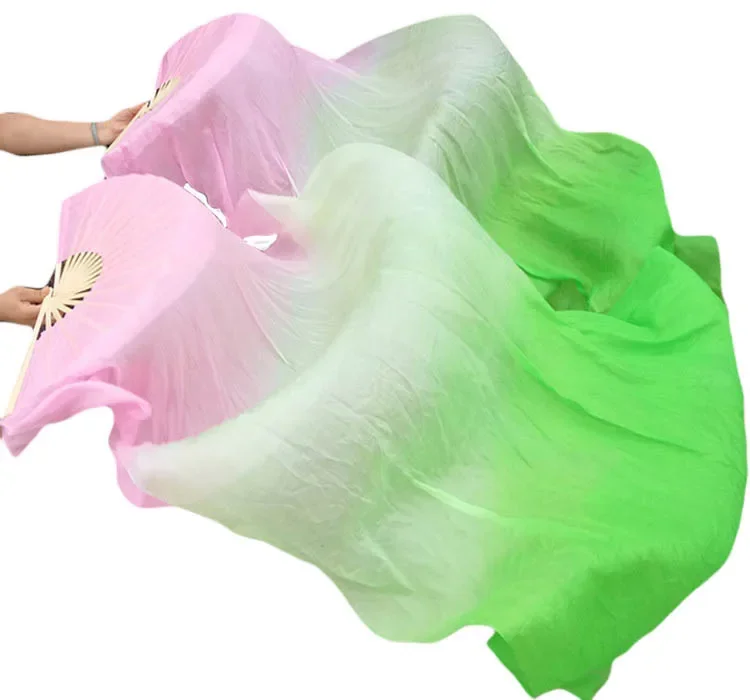 1Pair Belly dance silk fan 100% Real Silk Long Silk Fans Handmade Gradient Color Dance Fans Can Be Customized Imitation
