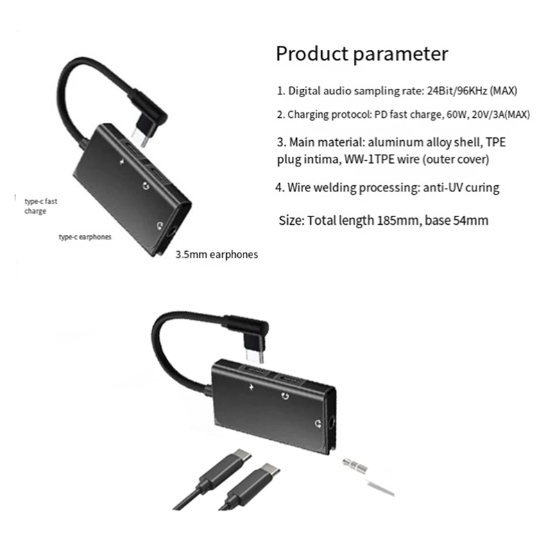 3 In 1 Type C Earphone Adapter For Phone PD60W Charge 3.5Mm Audio 3 In 1 Aux To USB C Headphone Splitter