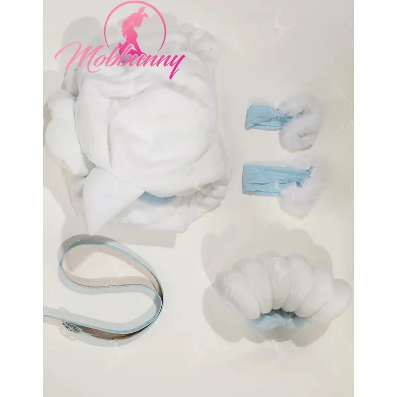 Mobbunny PM مشتق رقيق Bodycon رومبير مثير الملابس الداخلية أبيض أزرق فروي مقنعين ارتداءها مع حزام الذيل والجوارب