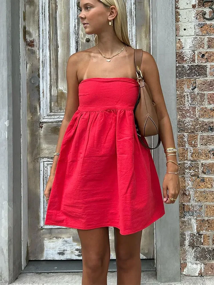 

Fashion Off Shoulder Strapless Ruffles Women Dress Sexy Backless Sleeveless A-line Mini Dresses 2024 Female High Street