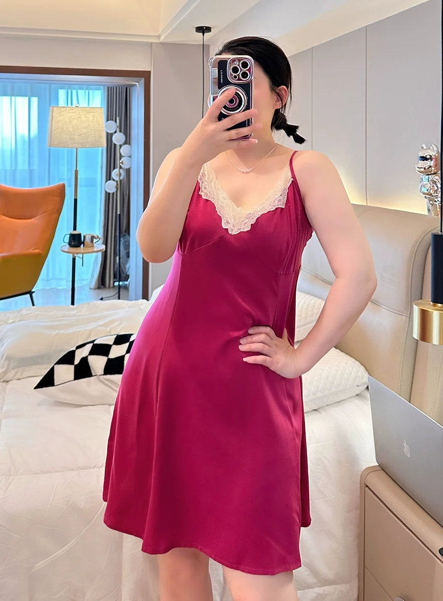 New Plus Size Women Nightgowns V-neck Sleeveless Suspende Sexy Sleepwear Solid Color Paneled Lace Luxe Night Dress Summer Thin