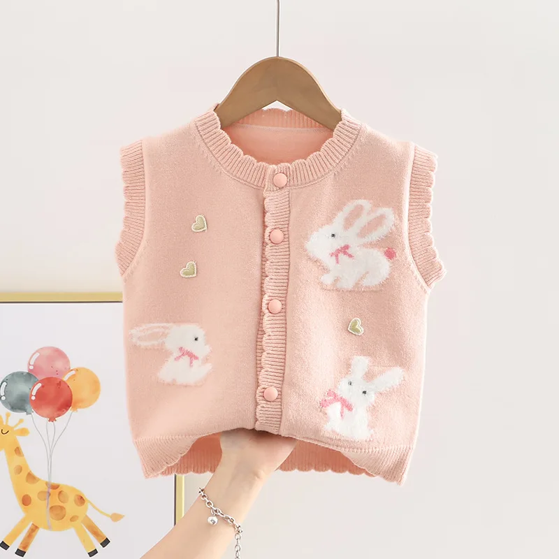 Gestrickte Weste für Mädchen, Herbst/Winter, süßes Design, für Kleinkinder, mit Cartoon-Kaninchenmuster, neue ärmellose Strickjacke für Kinder. – Detail 2