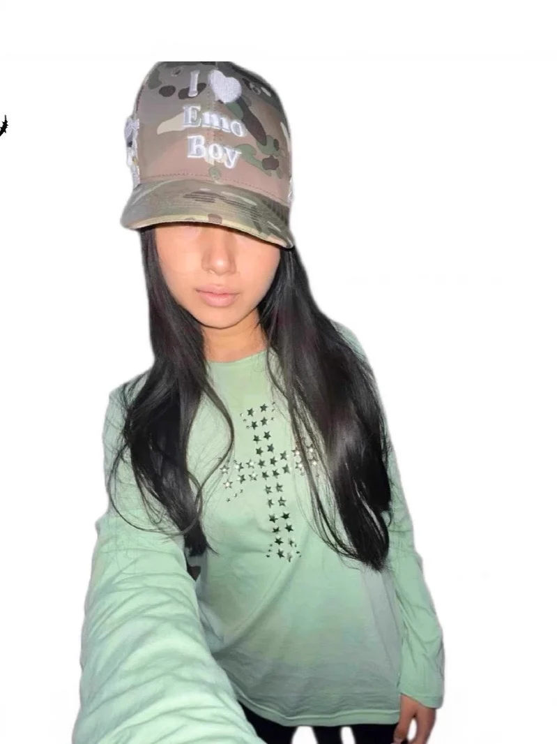 

Y2K Summer tops emo Vintage T-shirt Star Hot Diamond O Neck Long Sleeve Tee Women's Slim Fit Crop Tops Girl Emo Streetwear 2000s