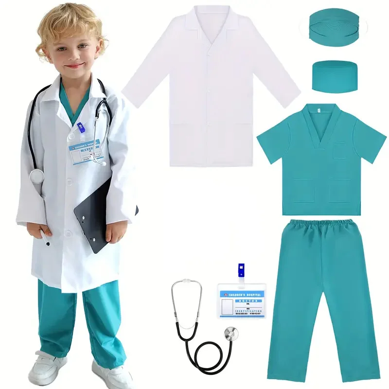 7 Uds. Traje de Cosplay de médico y enfermera para niños, bata de laboratorio blanca para niño y niña, uniformes con accesorios, vestido médico para regalo de Navidad y Halloween