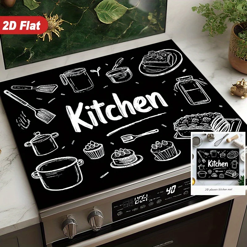 2D Kitchen Utensil Illustration Stove Mat – Heat & Scratch Resistant, Easy-Clean Cover for Induction,Ceramic & Electric Cooktops