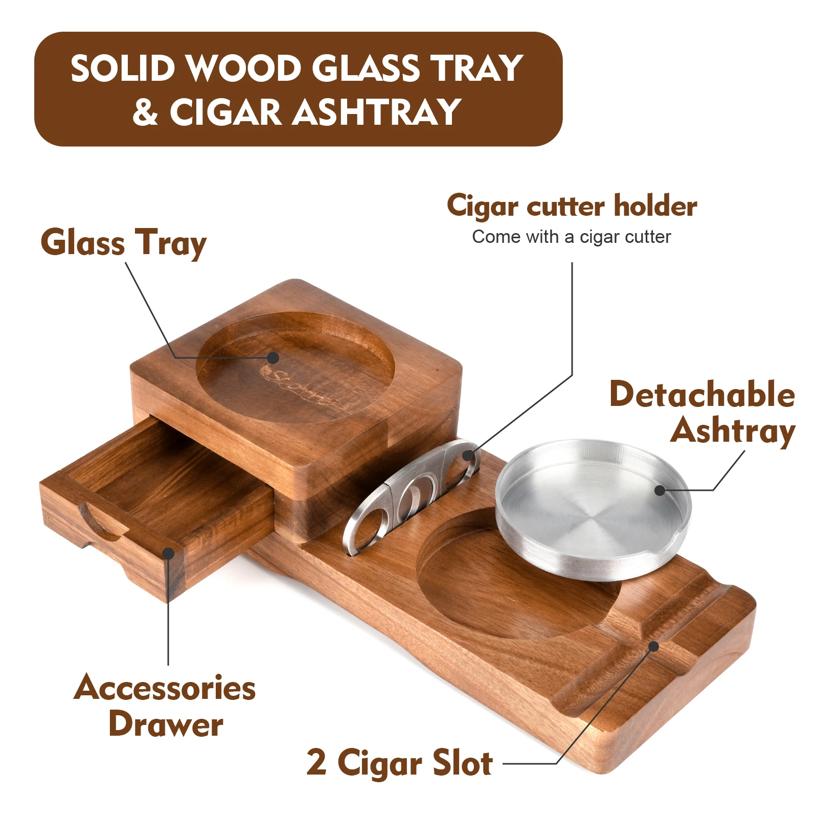 Scotte Cigar Ashtray for Men, Whiskey Glass Tray, Wooden Ash Tray, Cigar Cutter, Include Drawer, Cigar Slot, Accessories