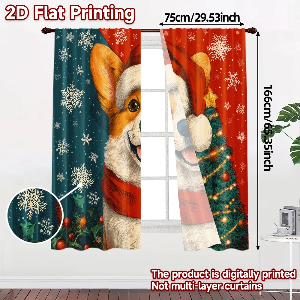 2D Flat Printing,JIT 2pcs, Curtains (Without Rod) Christmas Corgi Modern Curtain Fabric Machine Washable Fabric Curtains