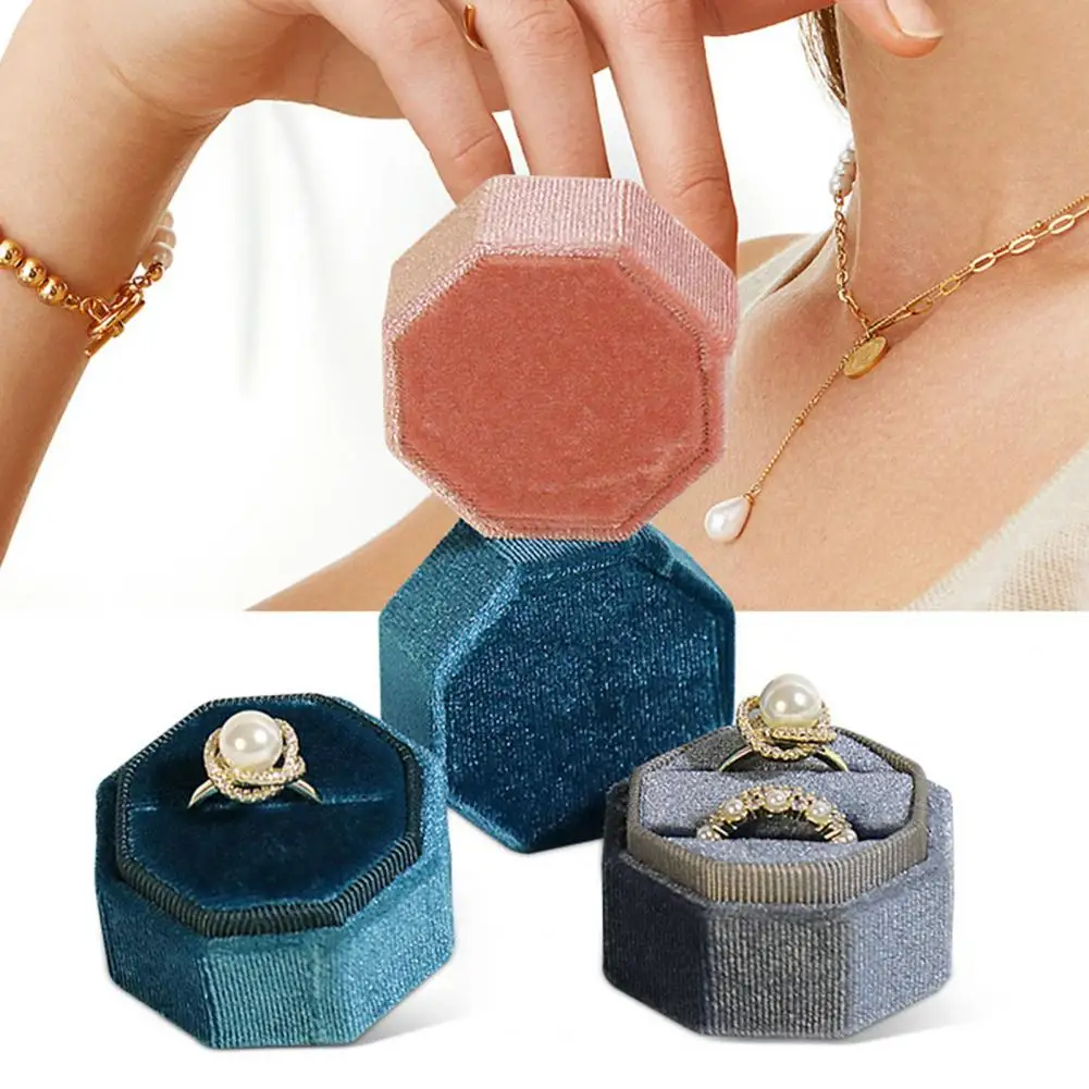 Ring Box With Lid Elegant Octagonal Short Velvet Korean Style Jewelry Case Corduroy Wedding Couple RIngs Box For Valentine's Day