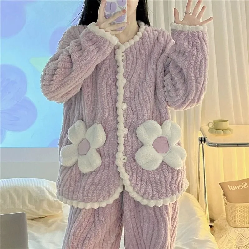 Coral Velvet Pajamas Women Autumn Winter Loungewear Suit Thick Long Sleeve Sleepwear Cute Flannel Home Clothes Two-piece Sets