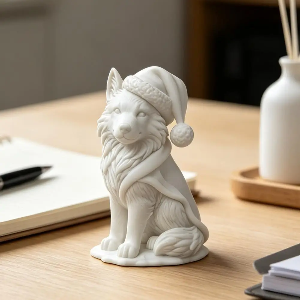 Christmas Ornament 3d Printed Wolf Figurine with Santa Hat Scarf Cute Christmas Statue for Tabletop Decor Mantel Shelf Ornament