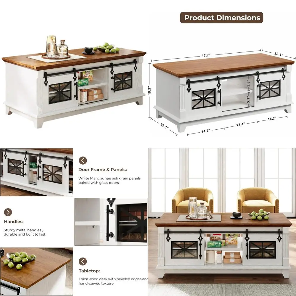 

Журнальный столик в деревенском стиле 48 с раздвижными дверями для сарая, 6 мест для хранения вещей, стеклянными дверями, регулируемой полкой, белый