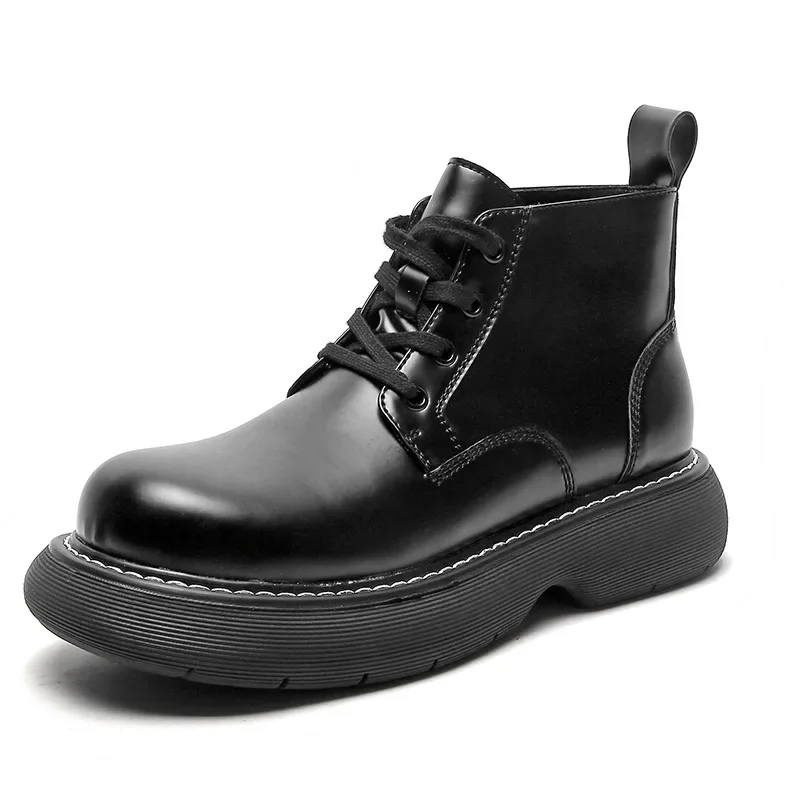 CLAIAMI Chunky Ankle Boots for Men 2024 New Block Style Retro Men Boots Platform Rubber Lace-up Trendy Leather Men Shoes Zapatos