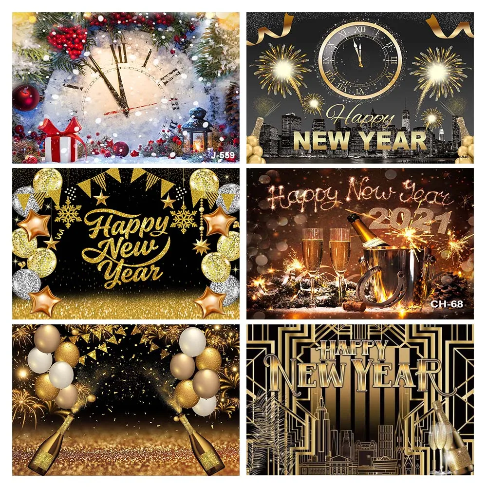 2024 New Year Party Backdrop Firework Clock Bokeh Champagne Photocall Celebrate Banner Boy Girl Adult Backgrounds Photo Booth