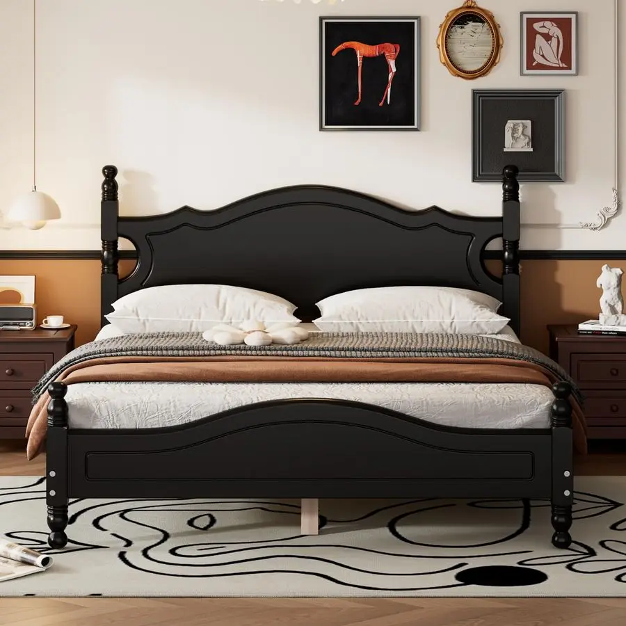 

Harper Bright Designs Queen Size Platform Bed with Headboard, Retro Style Queen Size Bed Frame, Queen Wood Beds Frame with Slat