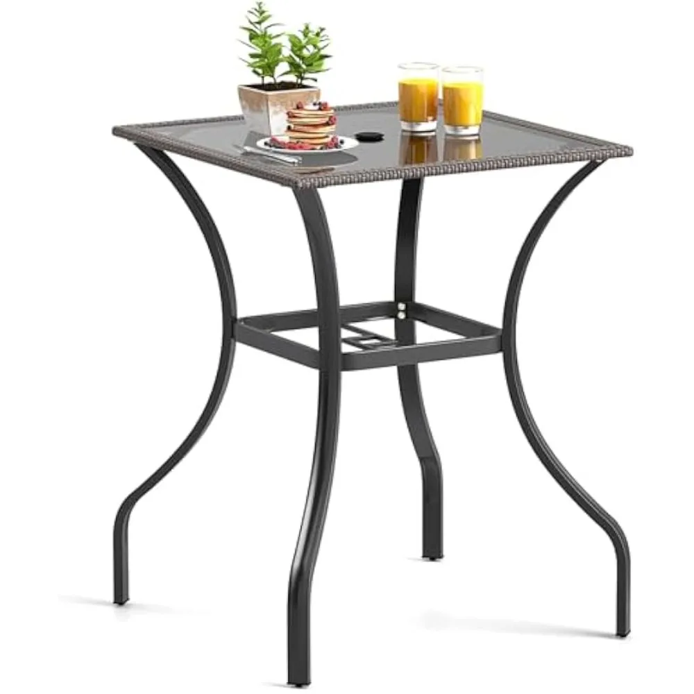 

Patio Bar Table, 28.5 x 28.5 inch Outdoor Bar Height Dining Table with Rattan Edge & Heavy-Duty Metal Legs, 2 inch Umbrella Hol