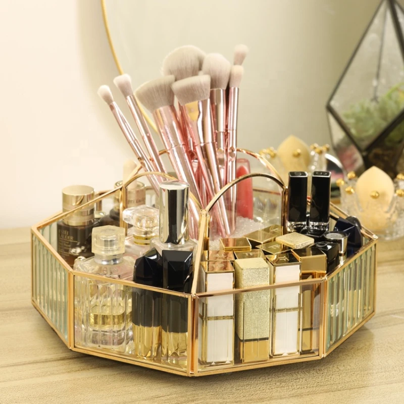 Hot sale gold and glass beauty makeup organization storage box organizer makeup box