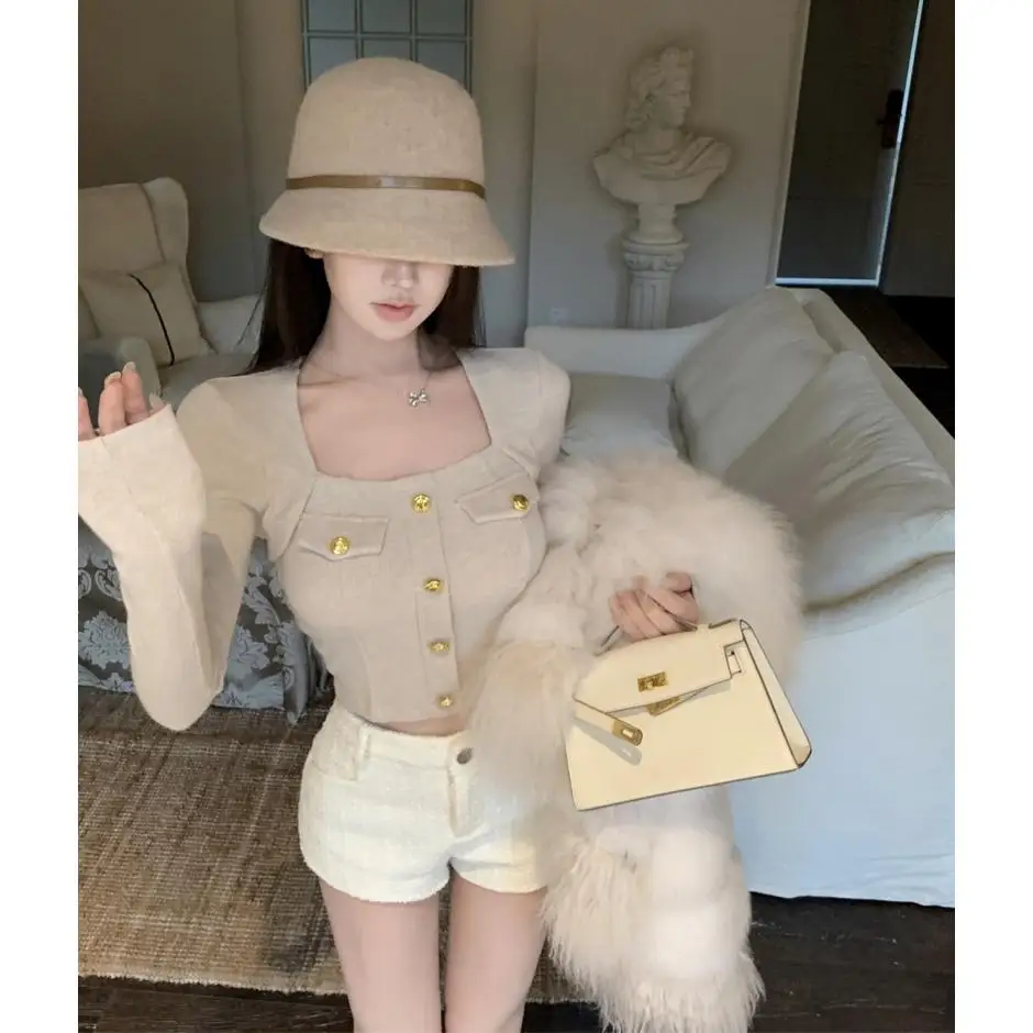 كنزة نسائية قصيرة بياقة مربعة للخريف والشتاء، قميص قصير أنيق للارتداء الداخلي، سترة نسائية بأكمام طويلة بتصميم أنيق ومناسب للعمل #2