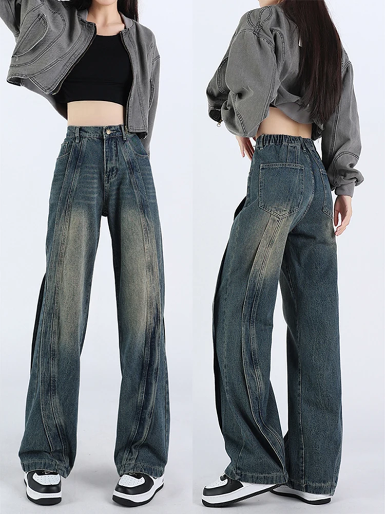 

High Waist Straight Leg Denim Jeans Women's plus Size Spring New Sle 300 Pou Retro Design Slimming Wide Leg Pants