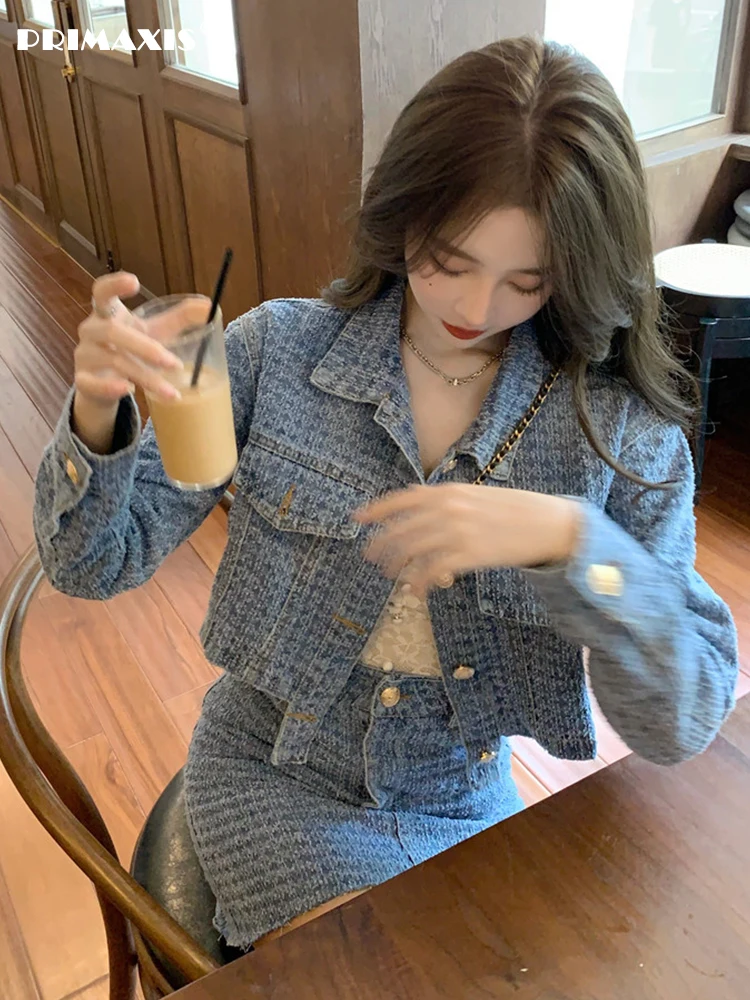dresses for women 2022  dress skirt suits outifits blue denim jacket set of two fashion pieces for Women's clothing sets