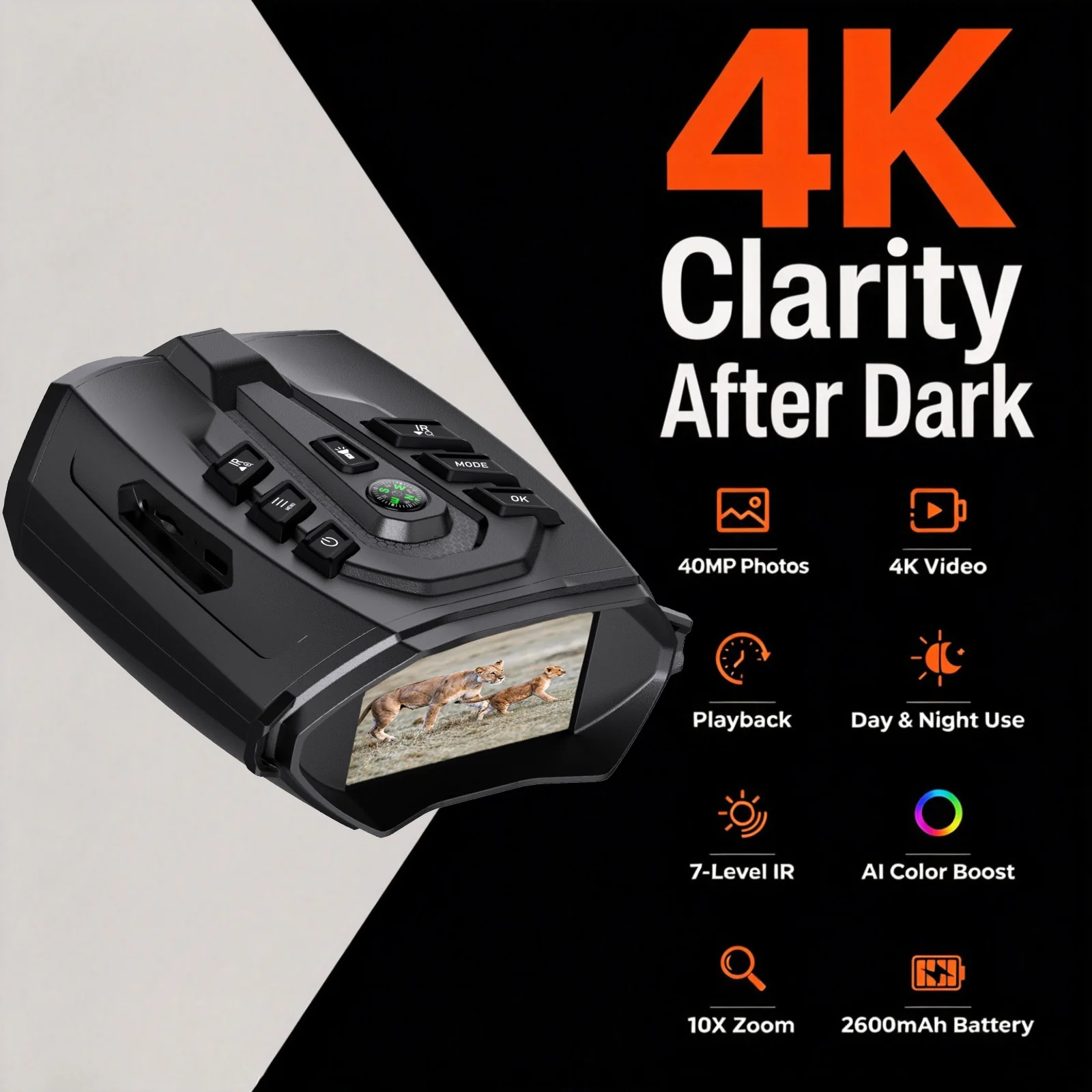 4K Digital Night Vision Binoculars 7 IR Levels 10X Digital Zoom Built-in Flashlight 3