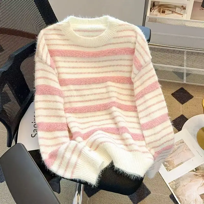 

Casual Chic Loose Sweater For Women Pullover Striped Korean Soft Tops Autumn Winter Round Neck Knit Long Sleeves