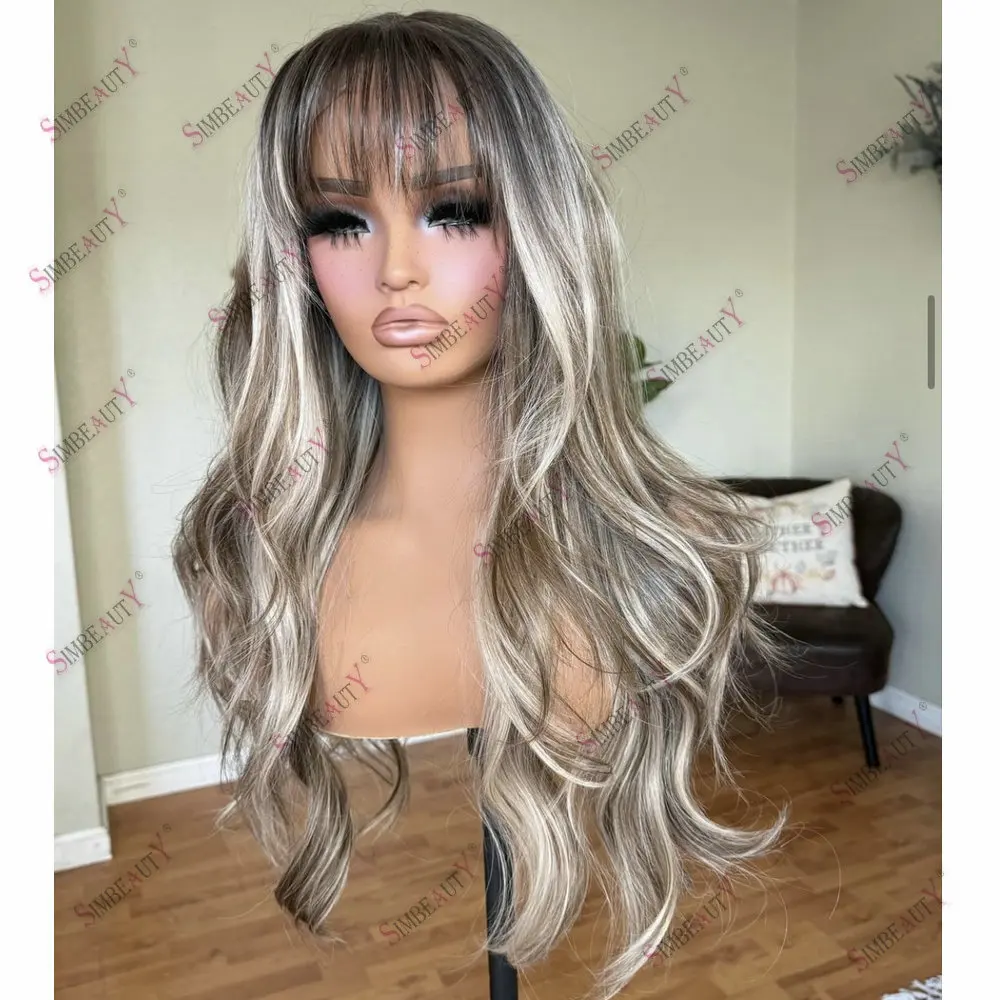 Light Browm Ash Blonde Hightlight Full Lace Wig Human Hair With Bangs Slightly Curly Ombre 13*6 Lace Frontal Wigs for Women