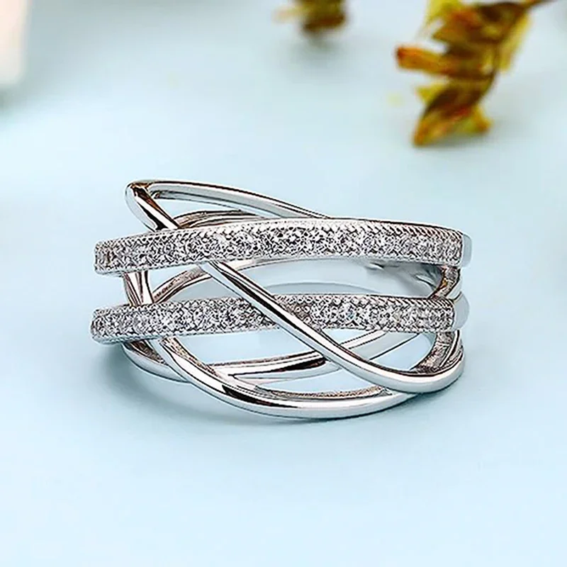 Huitan Silver Color Multi-cross Finger Ring with Shiny Crystal CZ Modern Fashion Female Rings Daily Wear Party Statement Jewelry