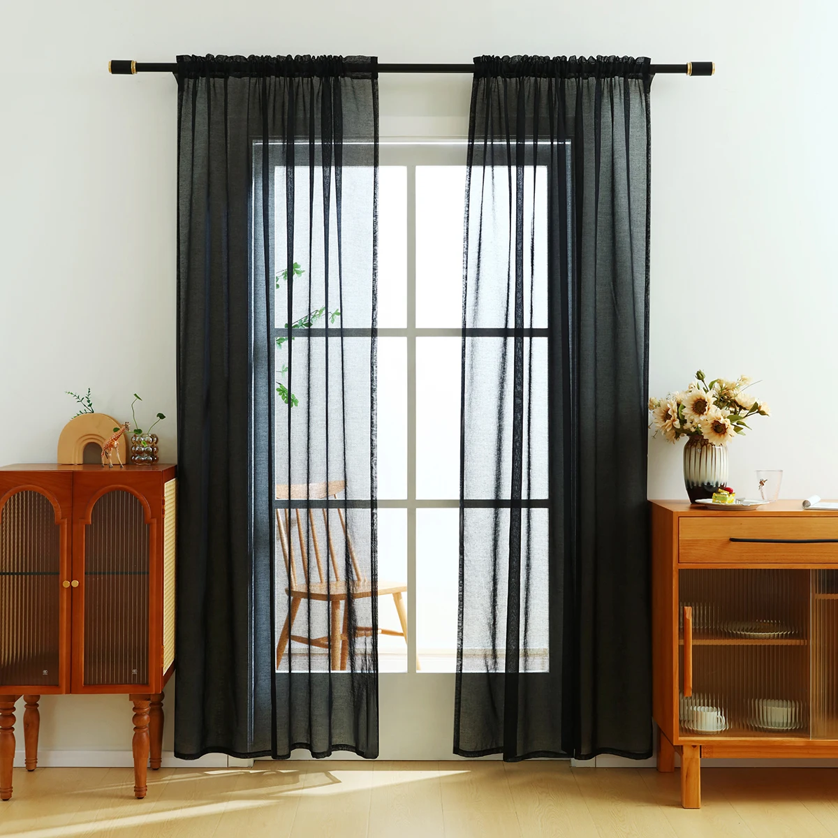 1pc Black Polyester Fabric Sheer Curtain,Rod Pocket,Dark Style Translucent Gauze Curtains for the Room Decor