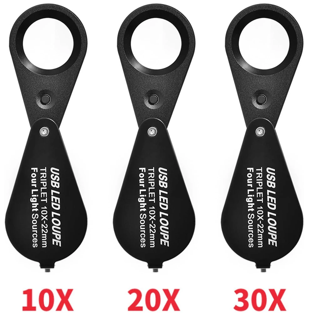 Lente d'ingrandimento per gioiellieri 10X 20X 30X con luci UV e LED con quattro modalità di luce Lente d'ingrandimento per gioielli pieghevole tascabile portatile