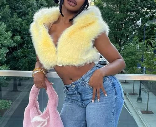Autumn Solid Color Fur Zipper Hooded Sleeveless Crop Top Short Jacket, Fashionable Imitation Fur Sleeveless Zipper Jacket