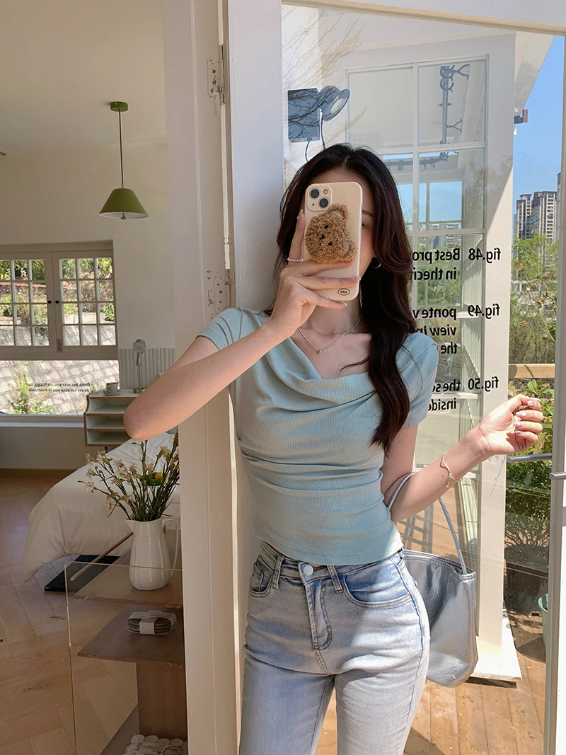 Short Sleeve T-shirt Thin 2024 Summer Irregular Saliva Collar Solid Color Women's Top
