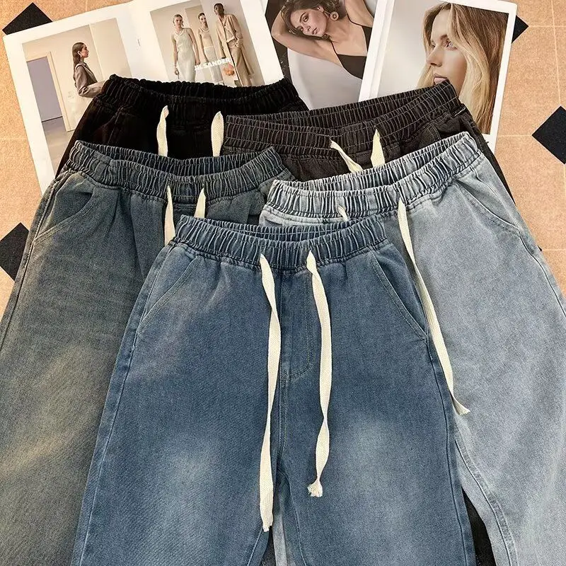 

Свободные прямые мужские джинсы, повседневные американские широкие брюки с эластичной резинкой на талии, универсальные весенне-осенние модные утягивающие длинные брюки...