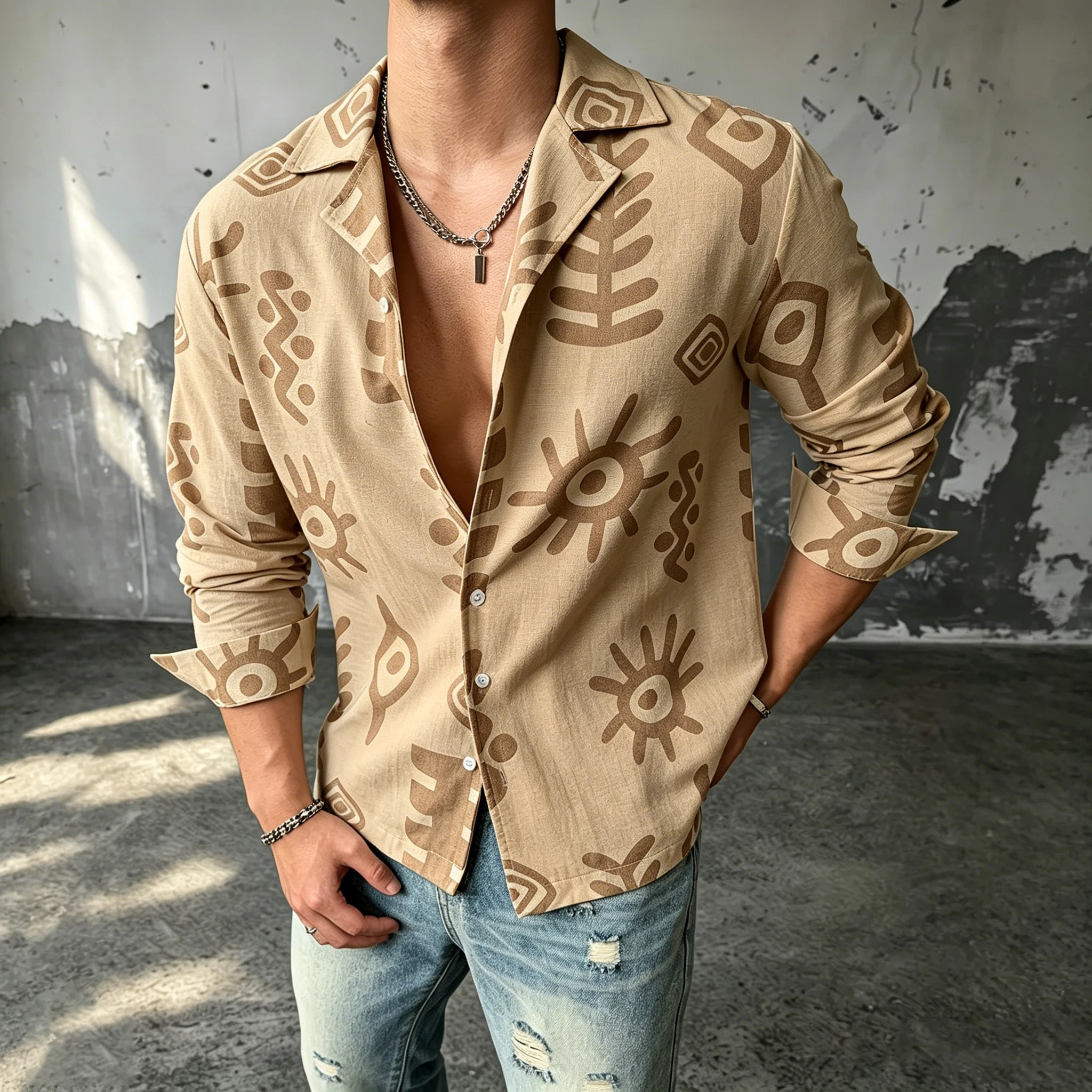 This Men's Long-Sleeved, 100% Cotton Casual Shirt Features a vintage, Bohemian-Style Print. Perfect for Social Gatherings, It Is