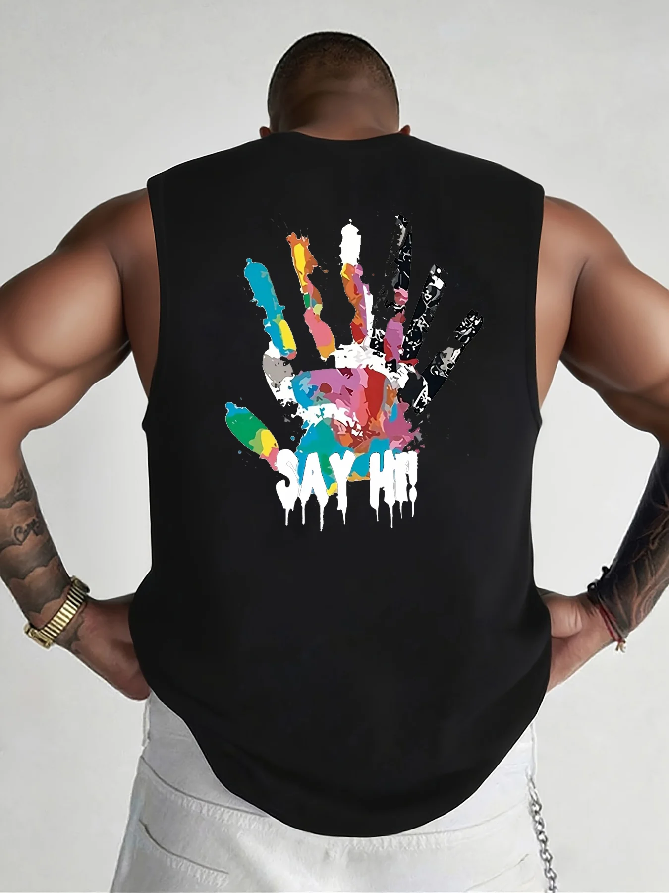 100% pure cotton men's summer fashion casual sports loose color handprint breathable round neck sleeveless vest