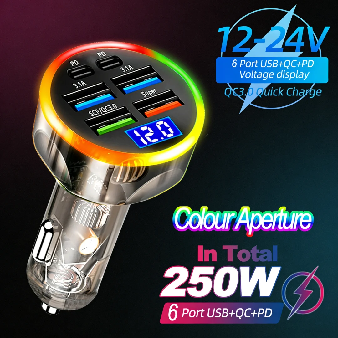 250W 6 Ports Car Charger PD Car Charger QC 3.0 Fast Charging Mobile Phones Car Cigarette Lighter Plug with LED Digital Display