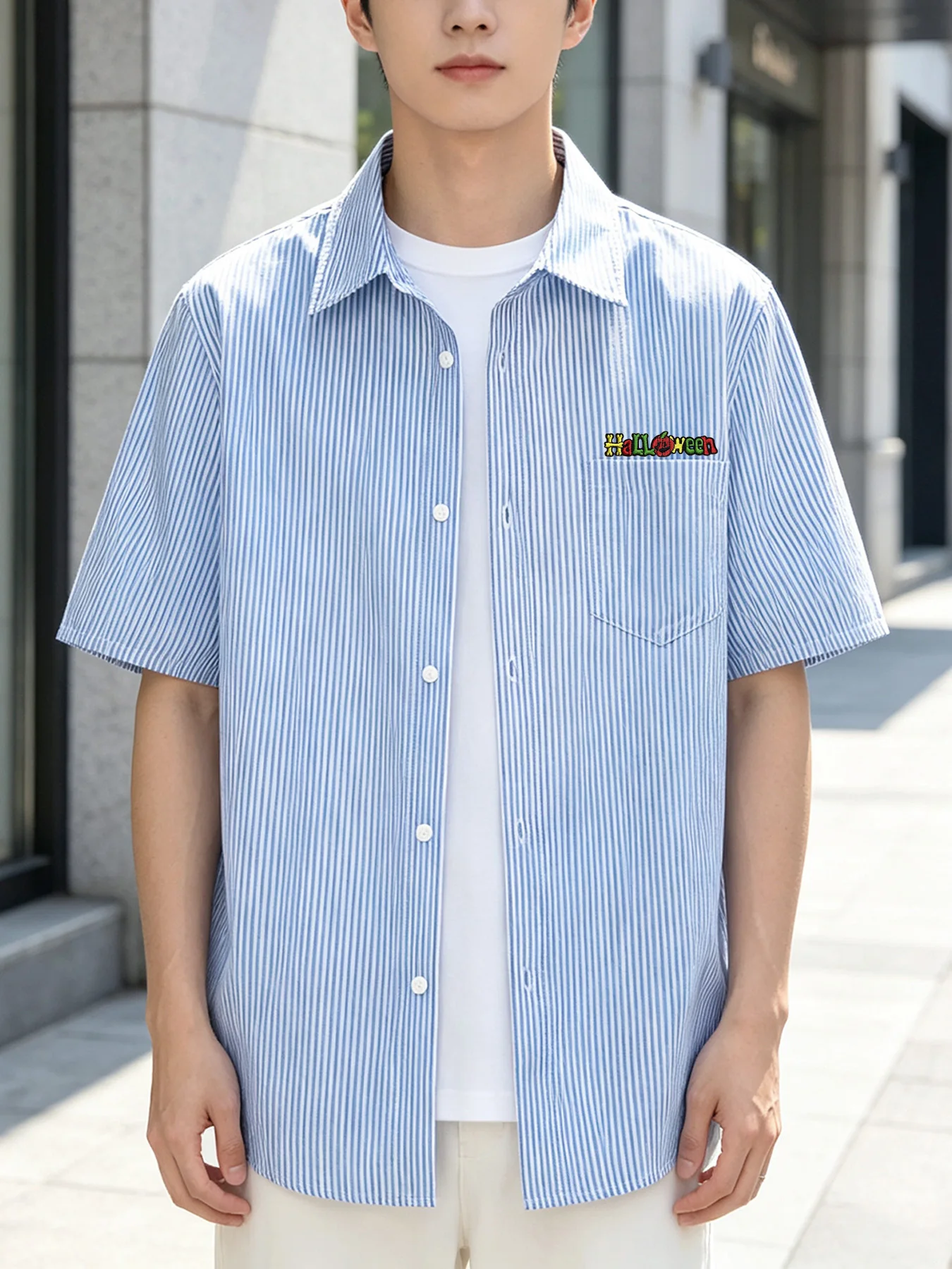 Simple summer men's clothing fun cartoon healing patch print short sleeve loose style casual striped shirt