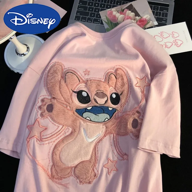 Disney Pink Stitch T-shirt Cartoon Cute Girls Round Neck Casual Loose T-Shirt Y2K Summer Couple Print Short Sleeve Tops Gifts